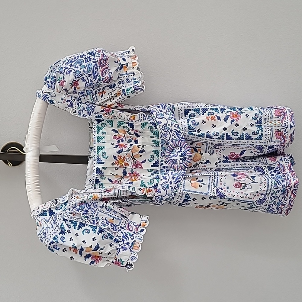 FARM Rio White Multi-Color Floral Patchwork Puff-Sleeve Romper